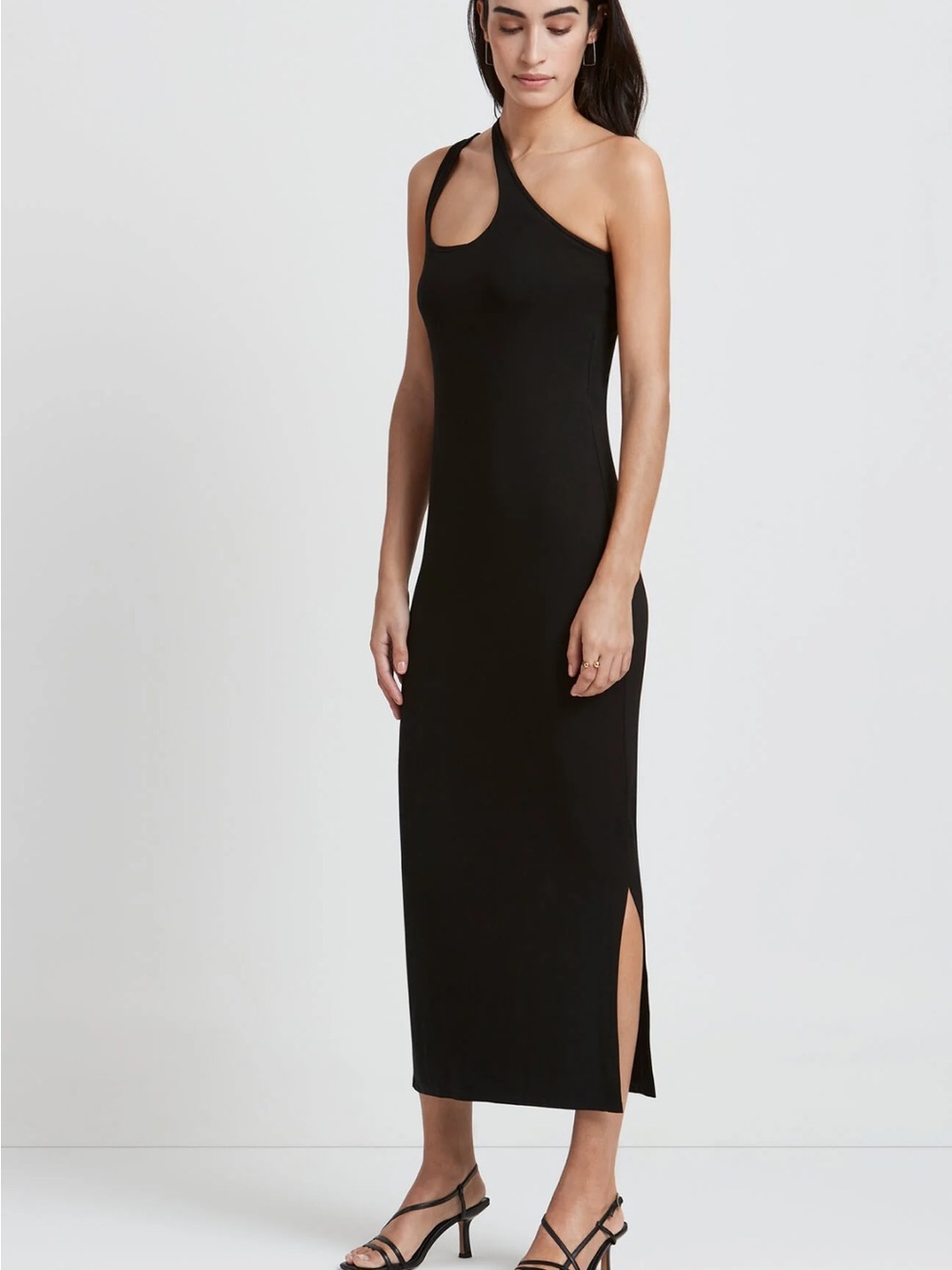 Asymmetric One-Shoulder Black Midi Dress with Side Slit